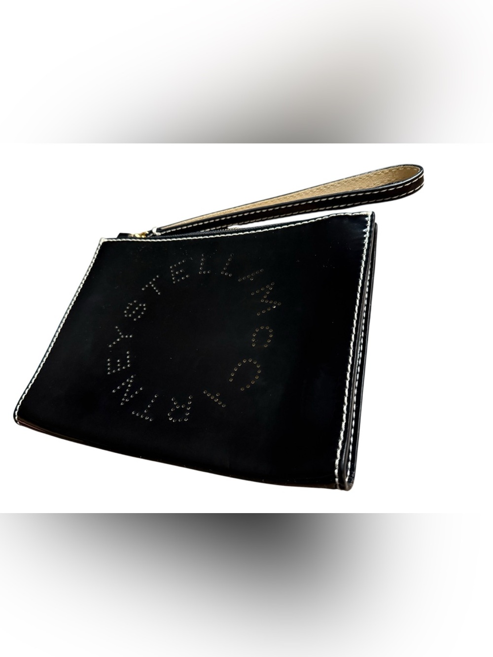 ✨ STELLA MCCARTNEY Patent Leather Perforated Logo Pouch Wristlet Clutch Bag